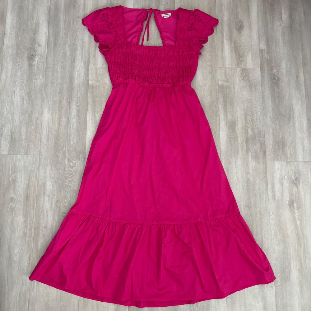 Jason Wu Pink Fuchsia Smocked Eyelet Flutter Sleeve Open Back Maxi Dress Large